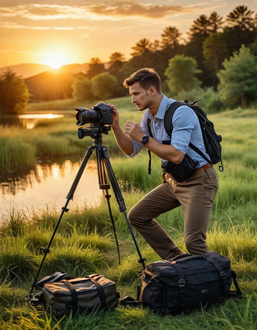A dynamic scene featuring a professional photographer in action, evaluating a camera on a tripod amidst a vibrant outdoor landscape. Include various camera accessories like lenses and filters spread out artistically around them. The sky should be filled with warm golden hues of a sunset, casting an inspiring glow on the scene. Elements of creativity, enthusiasm, and expertise should be visualized through facial expressions and body language. super-realistic. vibrant colors. outdoor setting.