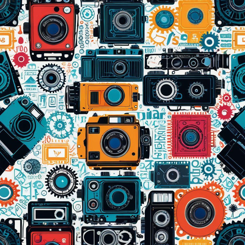 A visually striking contrast of vintage and modern cameras, surrounded by vibrant, creative video production elements like film reels, editing software, and a dynamic color palette. Showcase the evolution of technology with a seamless blend of gears and circuit patterns. Include inspiring quotes about creativity and innovation in elegant typography. super-realistic. vibrant colors. white background.